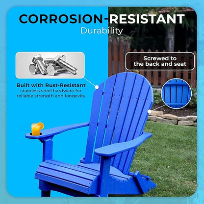Ecommersify Folding Adirondack Chair with Cup Holder - (Blue) - Heavy Duty Recycled Poly Lumber Folding Chair - Amish Crafted Outdoor Furniture - Made in USA