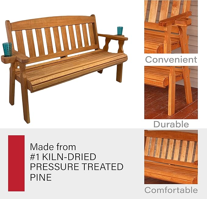 Amish Casual Heavy Duty 800 Lb Mission Pressure Treated Garden Bench with Cupholders (5 Foot, Cedar Stain)