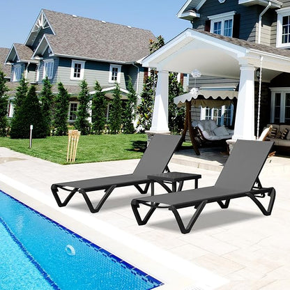 Outdoor Chaise Lounge 3 Pieces Aluminum Patio Lounge Chair with 5 Adjustable Position Recliner Chair Outside Tanning Chairs for Patio, Beach, Yard, Pool, Side Table Included -Dark Grey
