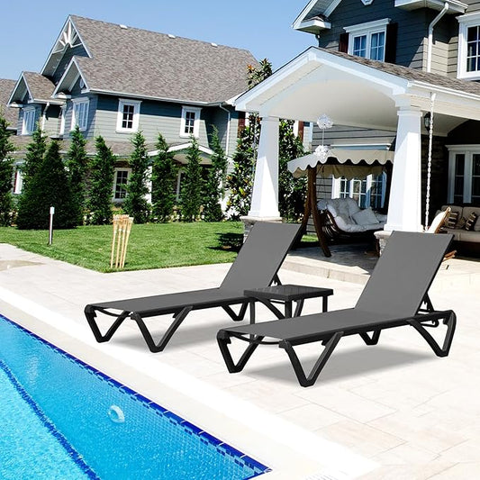 Outdoor Chaise Lounge 3 Pieces Aluminum Patio Lounge Chair with 5 Adjustable Position Recliner Chair Outside Tanning Chairs for Patio, Beach, Yard, Pool, Side Table Included -Dark Grey