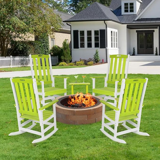 Aoodor Outdoor Rocking Chair, Ergonomic HDPE Rockers with All-Weather Design for Patio or Porch, Clashing Colors, Lemon Green and White,Set of 4