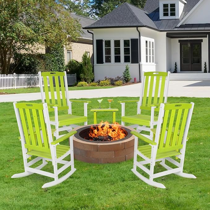 Aoodor Outdoor Rocking Chair, Ergonomic HDPE Rockers with All-Weather Design for Patio or Porch, Clashing Colors, Lemon Green and White