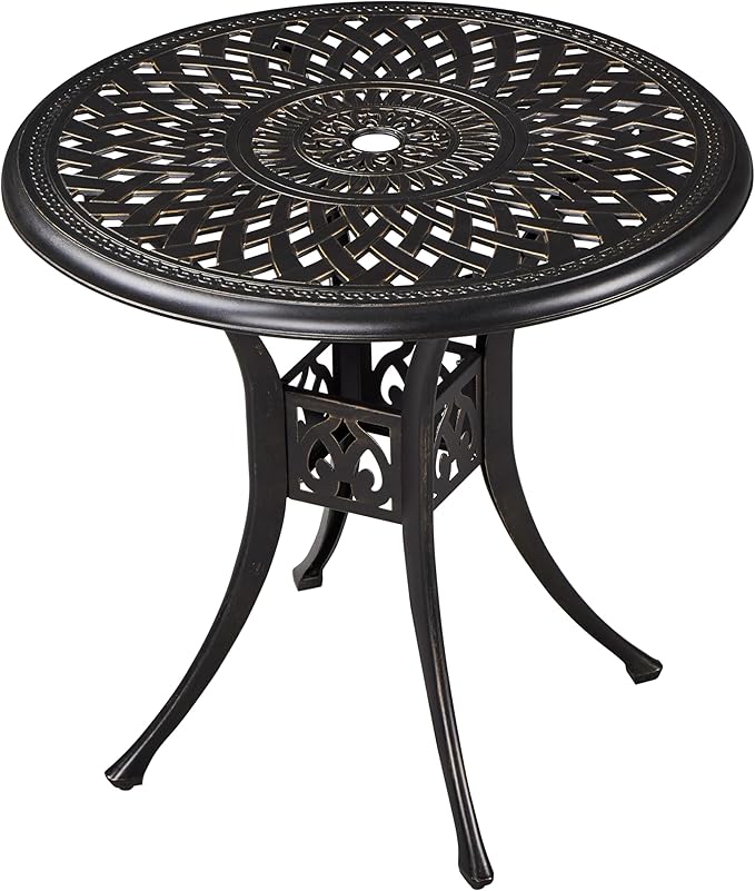 Yaheetech 31in Cast Aluminum Patio Table with Umbrella Hole, Outdoor Round Anti-Rust Small Coffee Bistro Table with Umbrella Hole, Outdoor Furniture for Porch, Backyard, Garden, Bronze