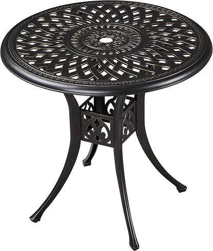 Yaheetech 31in Cast Aluminum Patio Table with Umbrella Hole, Outdoor Round Anti-Rust Small Coffee Bistro Table with Umbrella Hole, Outdoor Furniture for Porch, Backyard, Garden, Bronze