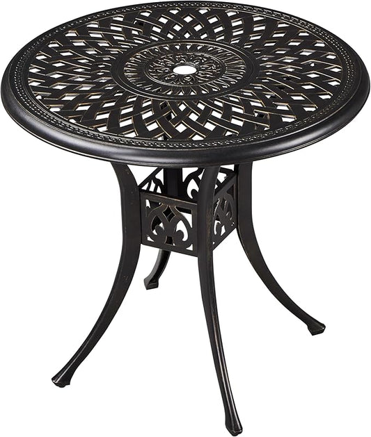 Yaheetech 31in Cast Aluminum Patio Table with Umbrella Hole, Outdoor Round Anti-Rust Small Coffee Bistro Table with Umbrella Hole, Outdoor Furniture for Porch, Backyard, Garden, Bronze