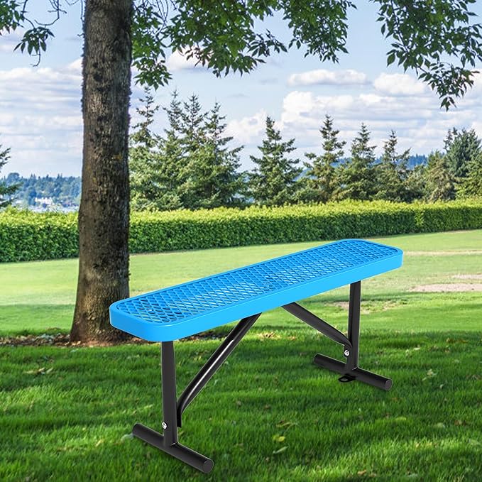 4ft Outdoor Metal Park Bench, 48" Backless Heavy-Duty Commercial Blue Garden Bench with Expanded Steel Mesh Seat, Weatherproof Park Patio Dining Table Bench for Backyard Lawn School Porch Deck