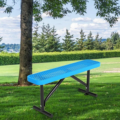 4ft Outdoor Metal Park Bench, 48" Backless Heavy-Duty Commercial Blue Garden Bench with Expanded Steel Mesh Seat, Weatherproof Park Patio Dining Table Bench for Backyard Lawn School Porch Deck