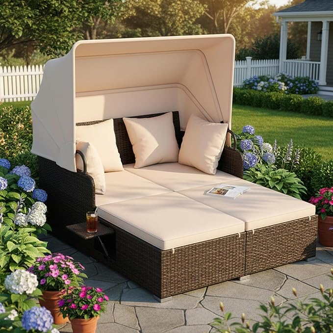 Tangkula Patio Rattan Daybed with Retractable Canopy, Outdoor Wicker Sunbed with 2 Foldable Side Tables - Photo 2