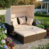 Tangkula Patio Rattan Daybed with Retractable Canopy, Outdoor Wicker Sunbed with 2 Foldable Side Tables - Photo 2