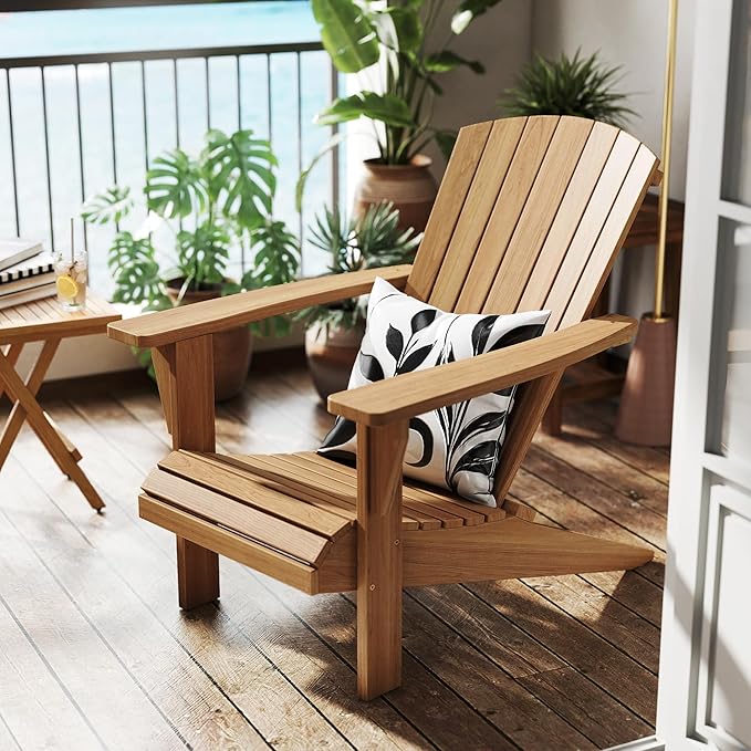 Outdoor Wooden Adirondack Chair, Teak Leisure Line Adirondack Chair All Weather Fire Pit Chair Suitable for Patio Lawn Gardens Terraces Poolside