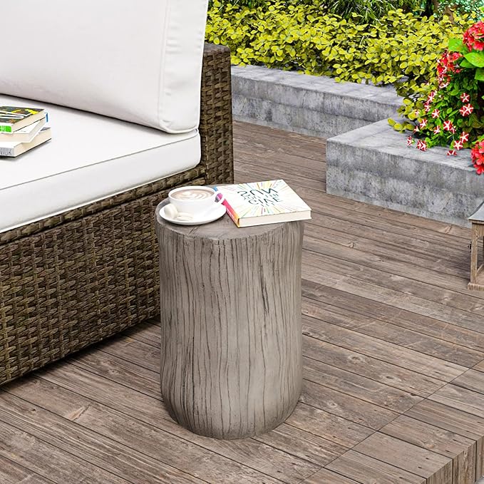 HOMPUS Concrete Outdoor Side Table Tree Stump Modern Round Coffee Table Accent Table Plant Stand Faux Wood End Table Garden Stool for Patio,Home Decor, Living Room(Light Gray)