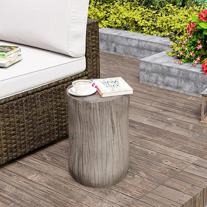 HOMPUS Concrete Outdoor Side Table Tree Stump Modern Round Coffee Table Accent Table Plant Stand Faux Wood End Table Garden Stool for Patio,Home Decor, Living Room(Light Gray)