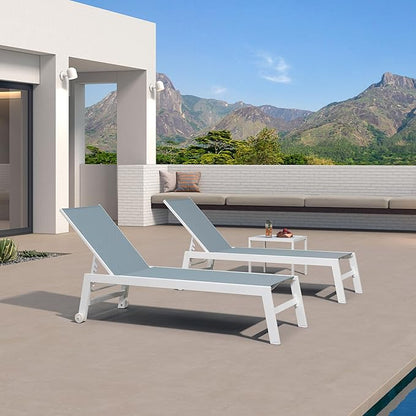 PURPLE LEAF Lounge Chair Outdoor Set of 2 White Aluminum Lounge Chair with Wheels and Table Outdoor Chaise Lounges for Patio Pool Yard, Steel Blue