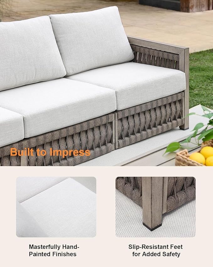 3 Seats Outdoor Sofa, Aluminum Patio Sofas Couch with Thick Cushions, Never-Rust 3-Seater Rope Weave Outside Patio Couch - Photo 7