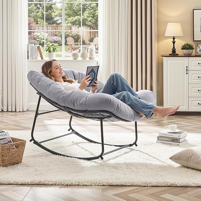ONBRILL Papasan Rocking Chair with Cushion, Oversized Patio Lounge Rocker, Egg Chair Outdoor Indoor, for Living Room - Photo 5
