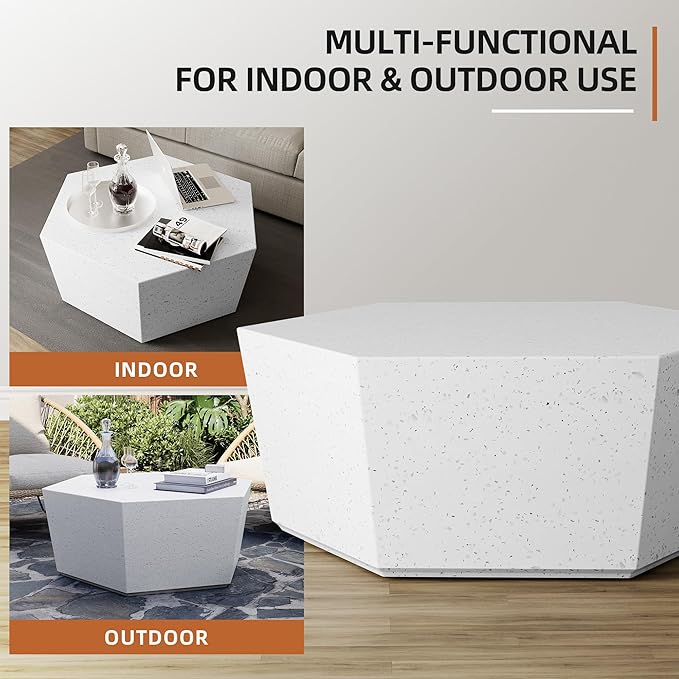 UPHA 35" Hexagon Outdoor Coffee Table, Modern Hollow Concrete Patio Table, Small Minimalist Low Accent Table for Living Room, Balcony, Deck, Backyard, Off-White