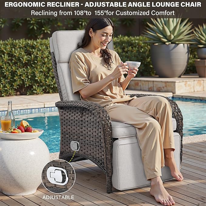 Belord 5 Piece Patio Furniture Set with Recliner Chair - Removable Outdoor Patio Couch Set, Chaise Lounge Chair Outdoor with Adjustable Backrest and Footrest for Casual Gathering Brown/Beige