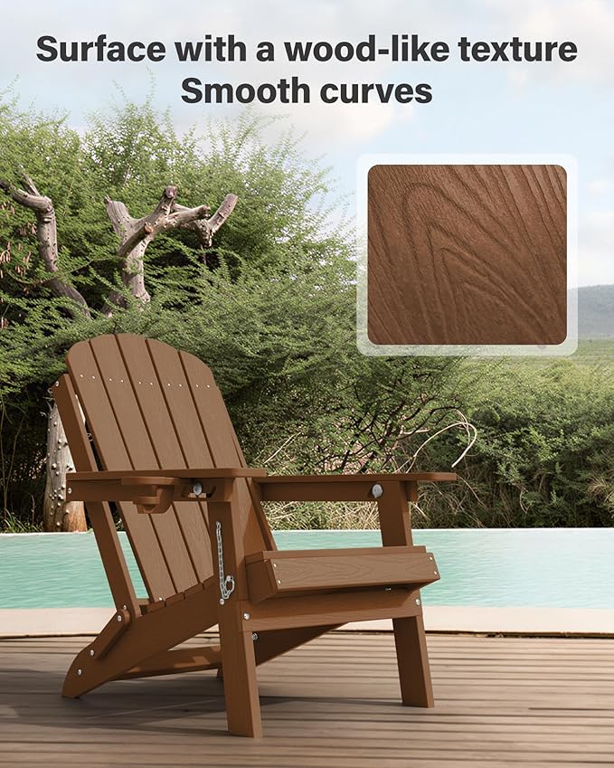 YEFU Adirondack Chairs Set of 2 for Outdoor: Folding Plastic Fire Pit Chair with Cup Holders & Adjustable Backrest - Sturdy All-Weather HDPE for Patio Lawn - Easy Assembly(Teak)