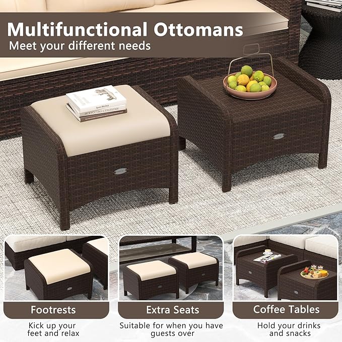 RELAX4LIFE Wicker Outdoor Ottomans for Patio - Set of 2 Rattan Footstools w/Removable Cushions - Photo 4