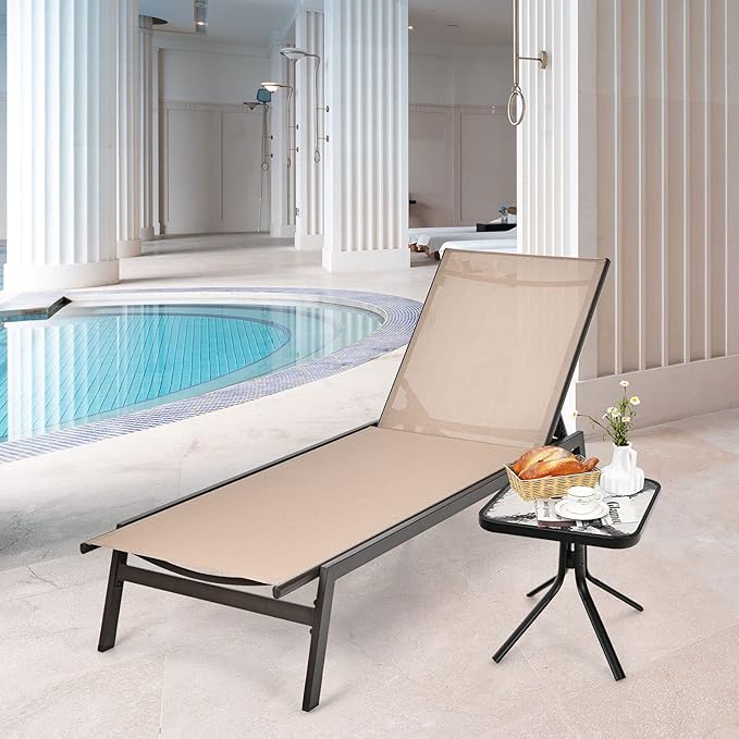 Giantex Chaise Lounge Chair Patio Chaise Lounger with 6-Position Adjustable Backrest and Breathable Fabric, Outdoor Recliner for Patio, Poolside, Backyard and Garden (1, Beige)