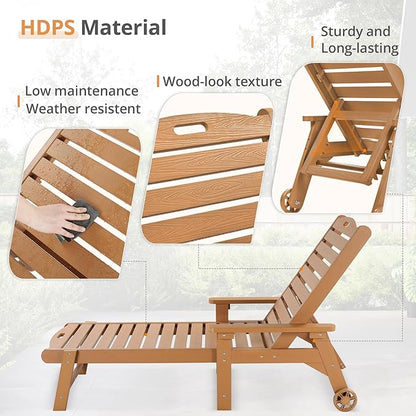 LUE BONA HDPS Chaise Lounge Chairs Set with Table, 3-Piece,Outdoor Pool Lounge Chair with Adjustable Backrest, Resin Patio Lounge Chairs with Wheels for Outside, Teak Color