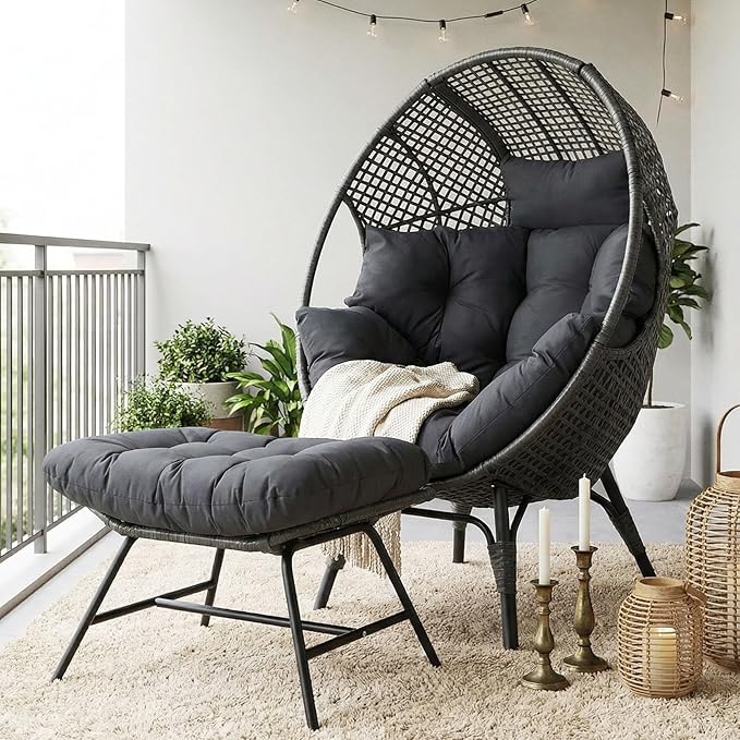 NICESOUL® Outdoor Wicker Egg Chair, Comfortable Eggshell Lounger w/Ottoman, XL Large Giant Round Patio Chair 440lbs - Photo 4
