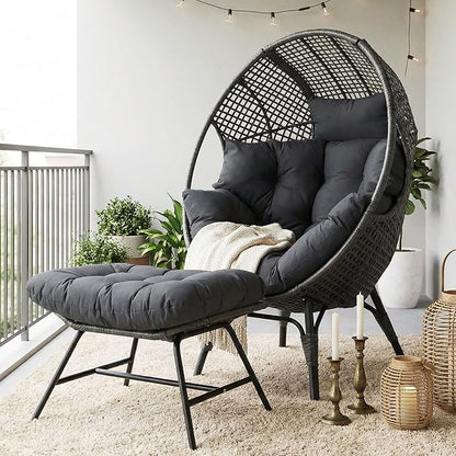 NICESOUL® Outdoor Wicker Egg Chair, Comfortable Eggshell Lounger w/Ottoman, XL Large Giant Round Patio Chair 440lbs, Modern Deep Seat Egg Nest Chair with Cover for Patio, Inside, Outside, Deck, Grey