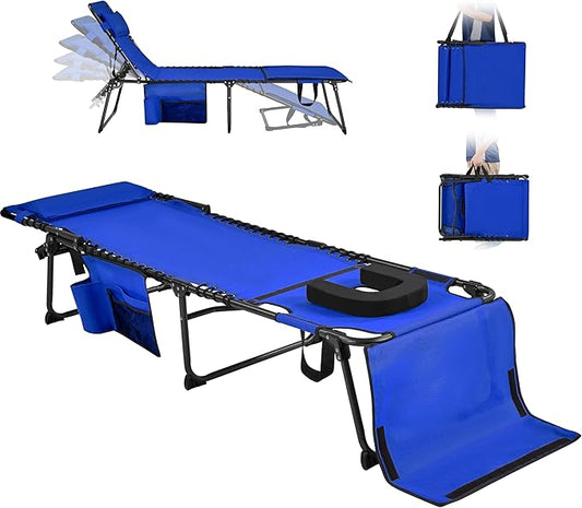 Yaheetech 22.4" Tanning Chair with Face Hole, Adjustable 5-Position Folding Chaise Lounge Chairs, Outdoor Lounge Chairs for Lawn, Beach, Sunbathing, Blue