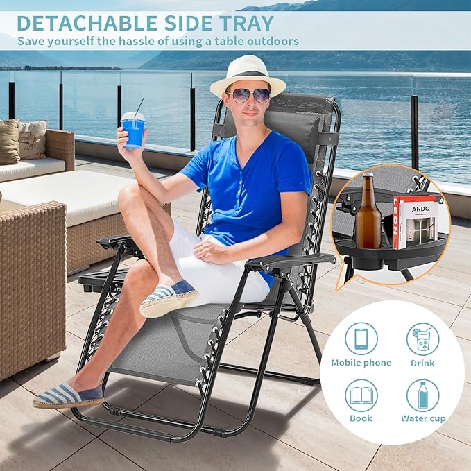 Zero Gravity Chair Set of 2, Folding Reclining zero gravity recliner lounge Chair 330lbs with Pillow and Cup Holder - Photo 6
