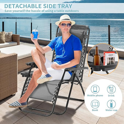 Zero Gravity Chair Set of 2, Folding Reclining zero gravity recliner lounge Chair 330lbs with Pillow and Cup Holder Trays, Steel Mesh outdoor recliners for patio Poolside Backyard Beach (Ice Gray)