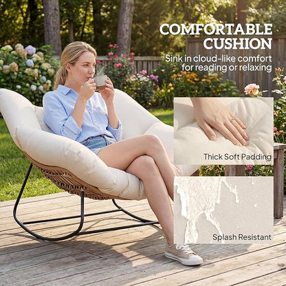 Outsunny Papasan Rocking Chair, Wicker Oversized Indoor Outdoor Rocking Chair with Cushion, PE Rattan Padded Outdoor Rocker Egg Chairs for Living Room, Garden, Patio, Balcony, Beige