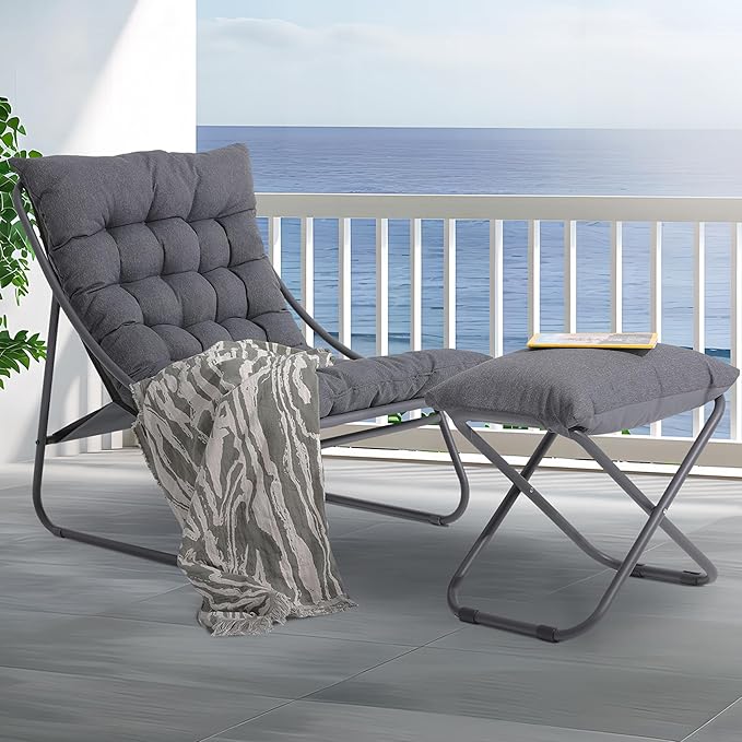 Patio Lounge Chair with Ottoman, Indoor Outdoor Comfy Sling Recliner Chair with Cushion - Photo 2