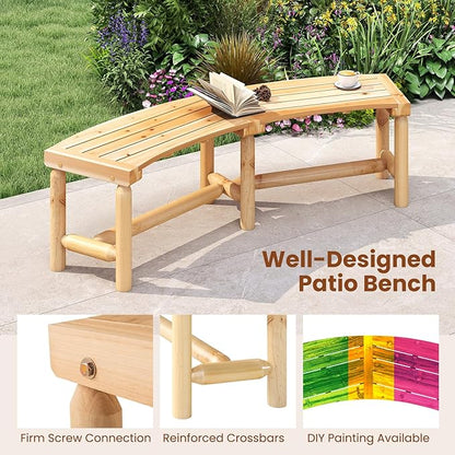 Tangkula Patio Curved Bench, Solid Wood Fire Pit Bench for 2-3 People, Outdoor Backless Loveseat for Backyard, Garden, Poolside, 800 LBS Max Load (1, Natural)