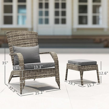 Outsunny Patio Wicker Adirondack Chair with Ottoman, Outdoor Fire Pit Chair with Cushions, High-Back, Large Seat & Armrests for Deck, Garden & Backyard, Gray