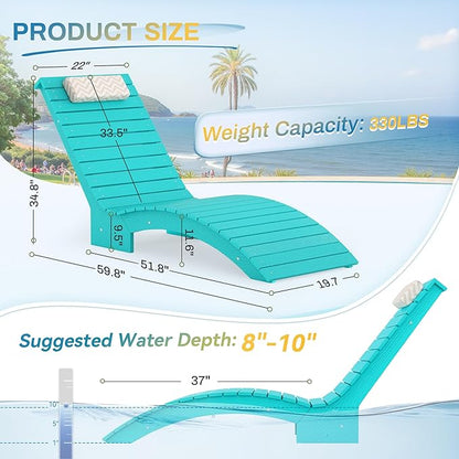 Pool Lounge Chairs Outdoor，HDPS Long Pool Chairs for in Pools, Weighted All Weather Tanning Chair with Headrest，Chaise Lounge for Outside Beach Patio Sun Bathing Hotel, Aruba Blue