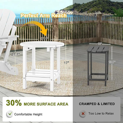 Set 2 Adirondack Outdoor Side Tables, 2-Tier Round Outdoor Table, Weather Resistant HDPE Patio End Table for Garden, Lawn, Pool, Beach, Porch, Deck, Backyard - White