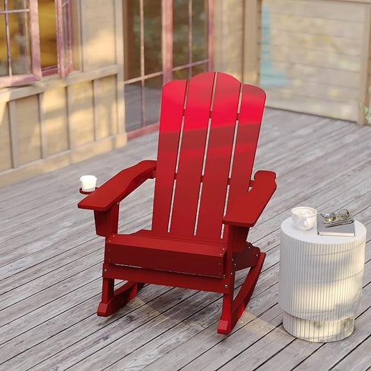 Flash Furniture Newport Adirondack Rocking Chairs with Cup Holder, Weather Resistant Poly Resin Adirondack Rocking Chairs, Set of 2, Red