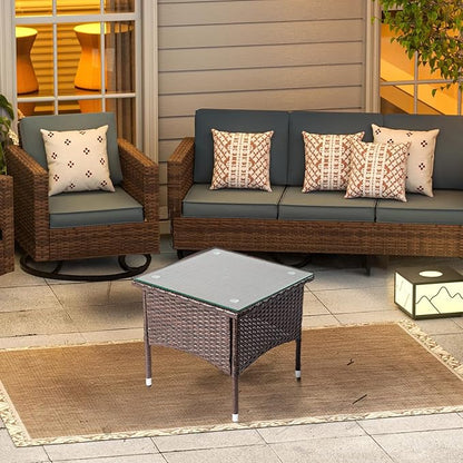 20 inch Patio Side Table, Outdoor Patio Wicker Square End Table with Adjustable Feet Pads and Double Storage Layer, All-Weather Rattan Coffee Tables Porch Furniture for Backyard Poolside Garden