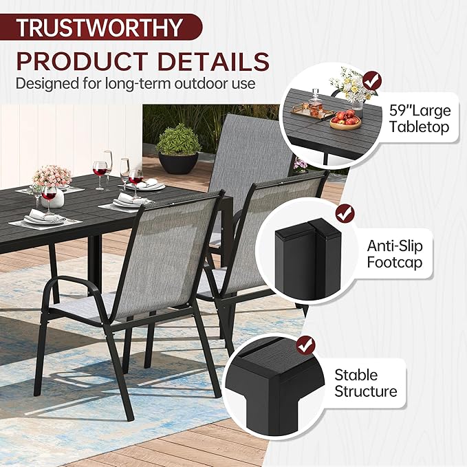 PIZZELLO Patio Dining Table for 6, 59" Rectangular Outdoor Patio Tables with Wood-Like HDPE Slat Top, All Weather Metal Outdoor Dining Table for Lawn Backyard Garden, Black