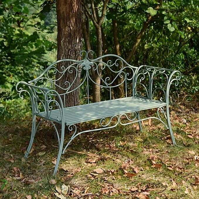 Park Bench Patio Garden Bench Backyard Benches, Metal Garden Bench, Country Wrought Iron Double Chair Bench, Villa Garden Courtyard Decor, Park Outdoor Bench with Backrest (Color : Green)