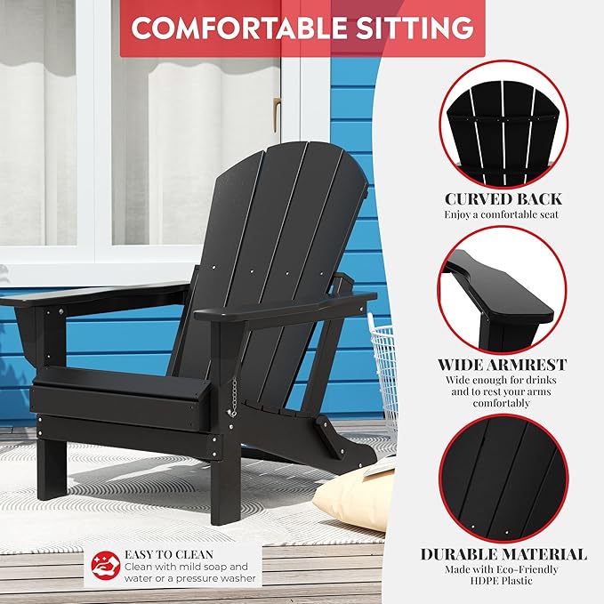 Costaelm Outdoor Folding Chair, Outdoor Seating Folding Firepit Chairs, All Weather Poly Adirondack Chair for Deck Backyard Garden Lawn Pool Patio, Black