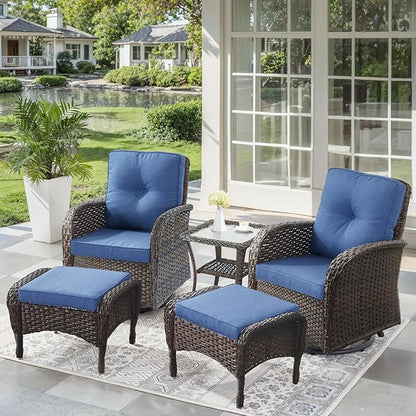 5 Pieces Outdoor Wicker Patio Furniture Set-High Back Outdoor Rocking Chairs Set of 2 with Ottoman Patio Conversation Sets for Deck Lawn Porch Balcony Poolside-Brown/Blue
