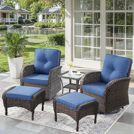 5 Pieces Outdoor Wicker Patio Furniture Set-High Back Outdoor Rocking Chairs Set of 2 with Ottoman Patio Conversation Sets for Deck Lawn Porch Balcony Poolside-Brown/Blue