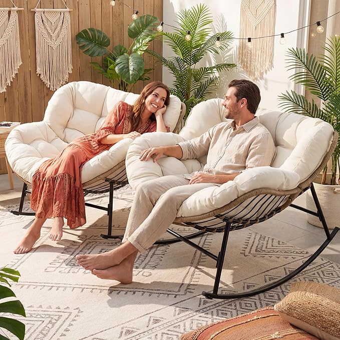 NICESOUL Outdoor Rocking Papasan Chair Set of 2 with Cushions, Comfy Oversized Padded Rockers - Photo 3