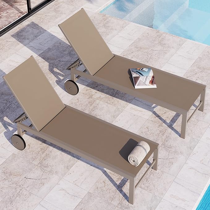 QAQA 2 PCS Outdoor Chaise Lounge with Wheels, Aluminum Patio Lounge Chair with 5 Adjustable Positions for Poolside, Beach, Yard, Khaki
