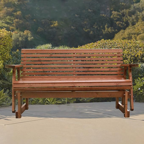 3-Seater Outdoor Glider Chair, 5FT Wood Porch Glider with High Roll Back, Cupholders and Deep Contoured for Porch - Photo 1