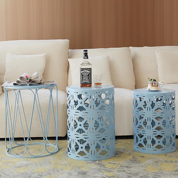 Y&M Set of 3 Heavy-Duty Round End Table, Side Table, Coffee Table for Indoor Multifunctional Use, Outdoor Decorative Garden Stool Plant Stand-Blue