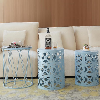 Y&M Set of 3 Heavy-Duty Round End Table, Side Table, Coffee Table for Indoor Multifunctional Use, Outdoor Decorative Garden Stool Plant Stand-Blue