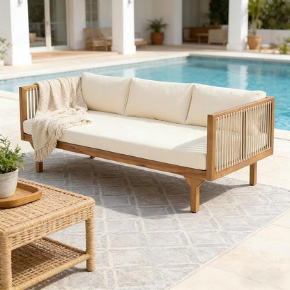 Merax Acacia Wood Outdoor Patio Loveseat Sofa w/Coushion and & Light Brown Rope, 3-Seater Sofa Daybed for Backyard, Lawn, Deck, Balcony, Water Repellent Fabric, 600 lbs Capacity, Teak +Beige