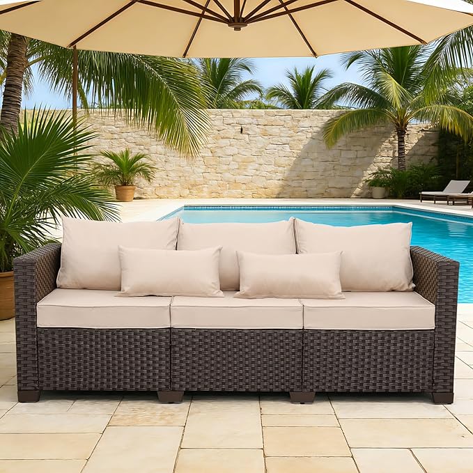 Outdoor Furniture Couch 3 Seater Sofa Outdoor Brown Wicker Sofa Deep Seat High Backrest Patio Couch with Non-Slip - Photo 1
